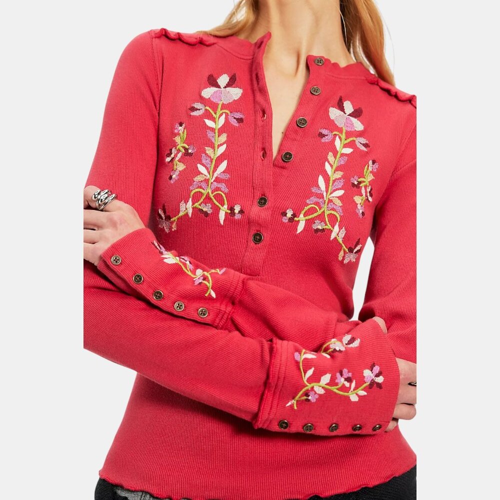 FREE PEOPLE FLEUR EMBROIDERED CUFF HENLEY NWT SIZE L